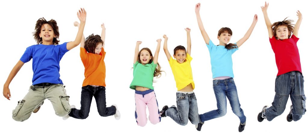 Jumping kids, dressed colorful. Representing happiness and fun.
